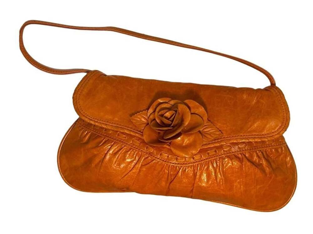 Y2K MINT Junior Drake Orange Leather 3-D Rose Flower Shoulder Bag, Collectible
